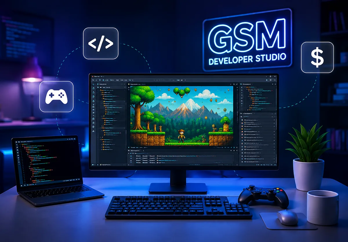 GSM Developer Studio — 게임 개발 데스크와 코드·게임패드·수익 아이콘